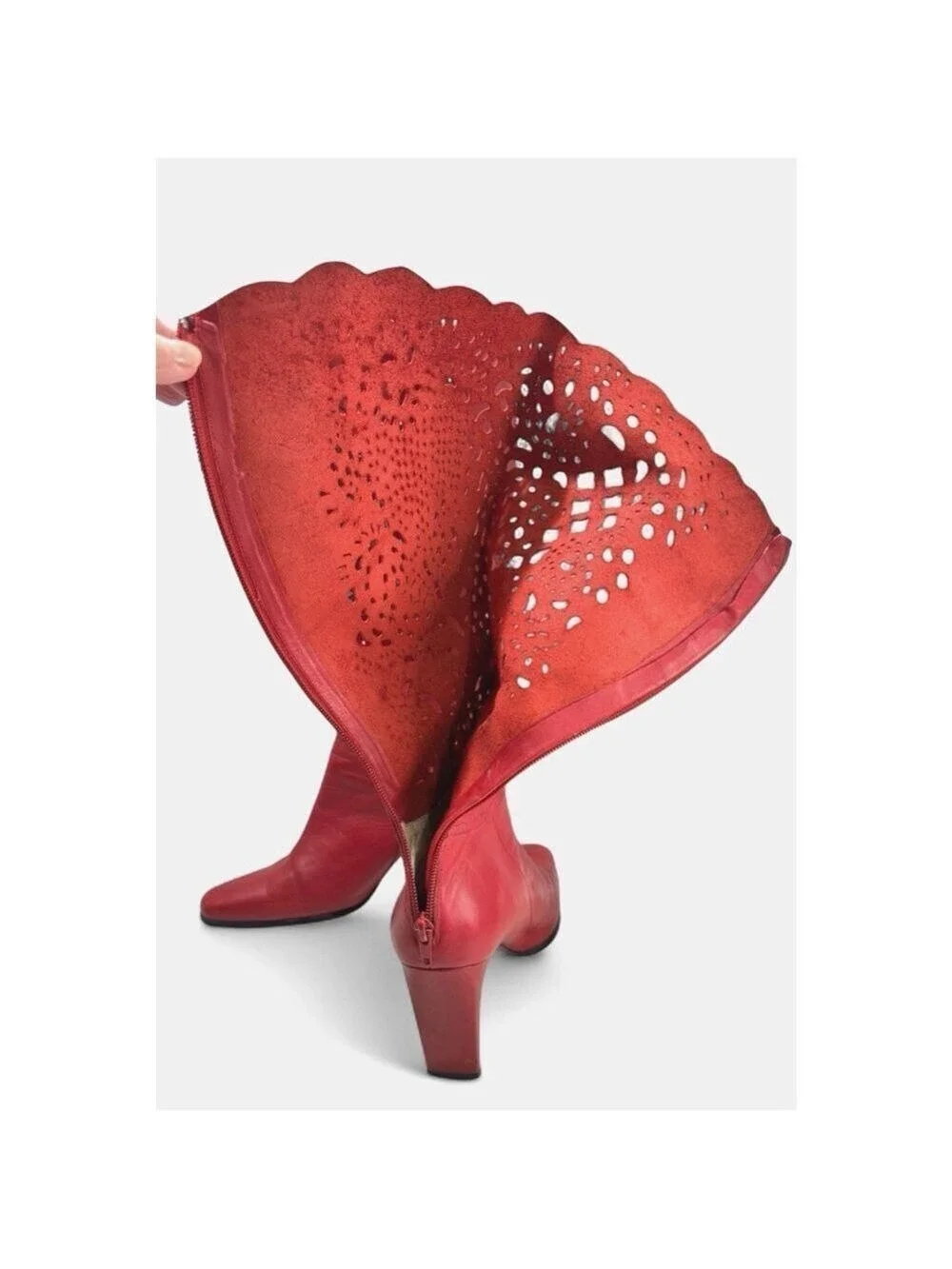 Bellini Boho Red Laser-Cut Scalloped Leather Knee High Boots Womens Sz 8.5M